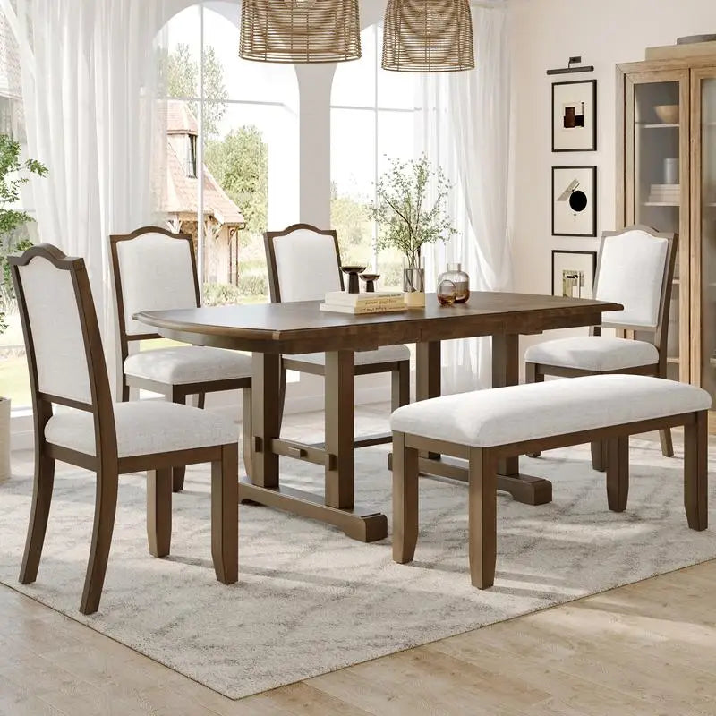 6-Piece Dining Set, Extendable 60-78 inch Wooden Table with Leaf