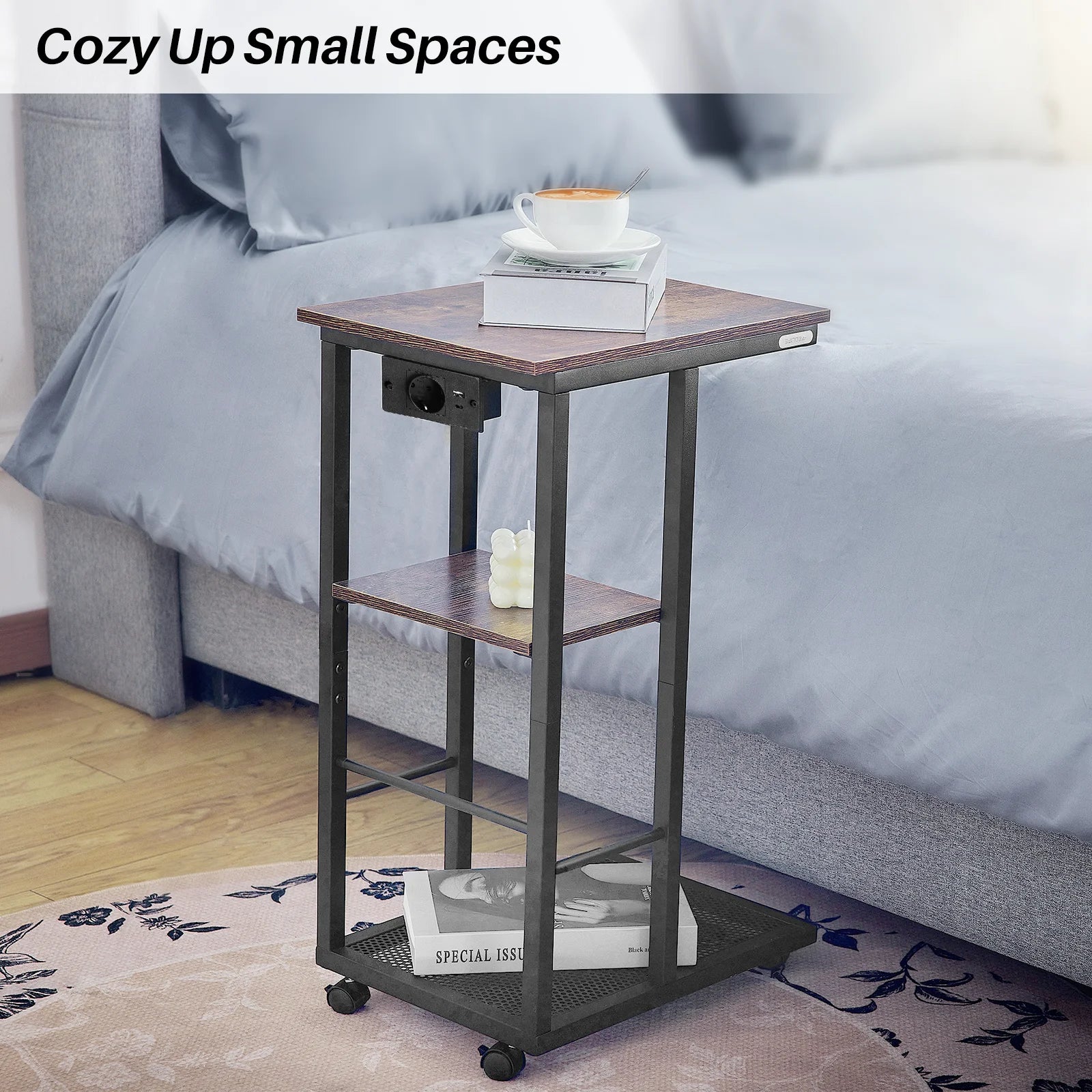 End Table w/ Charging Station  w/ Storage Shelf & Rolling Wheels