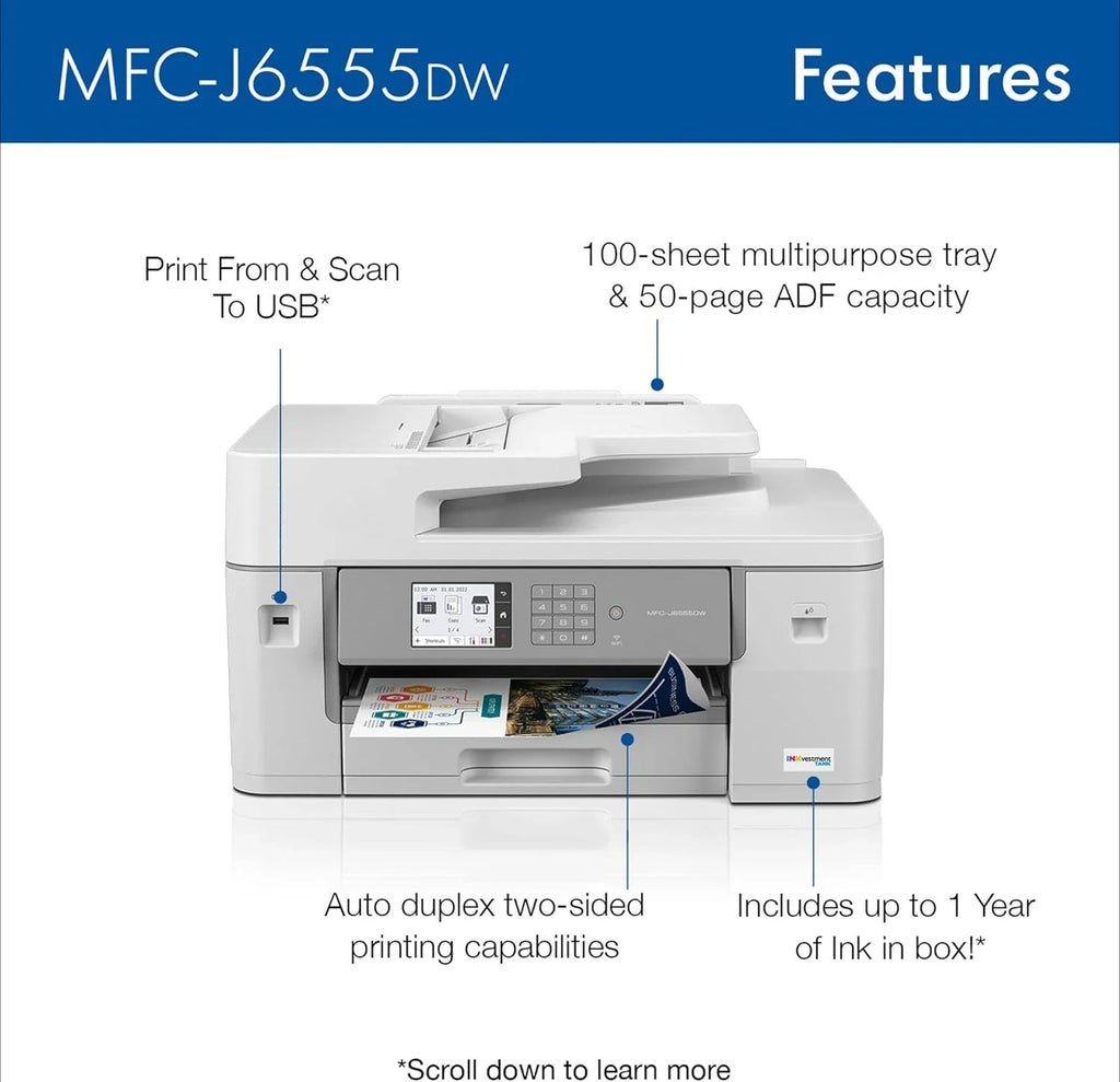 MFC-J6555DW Tank Color Inkjet All-in-One Printer with11” x 17” Print, Copy, scan