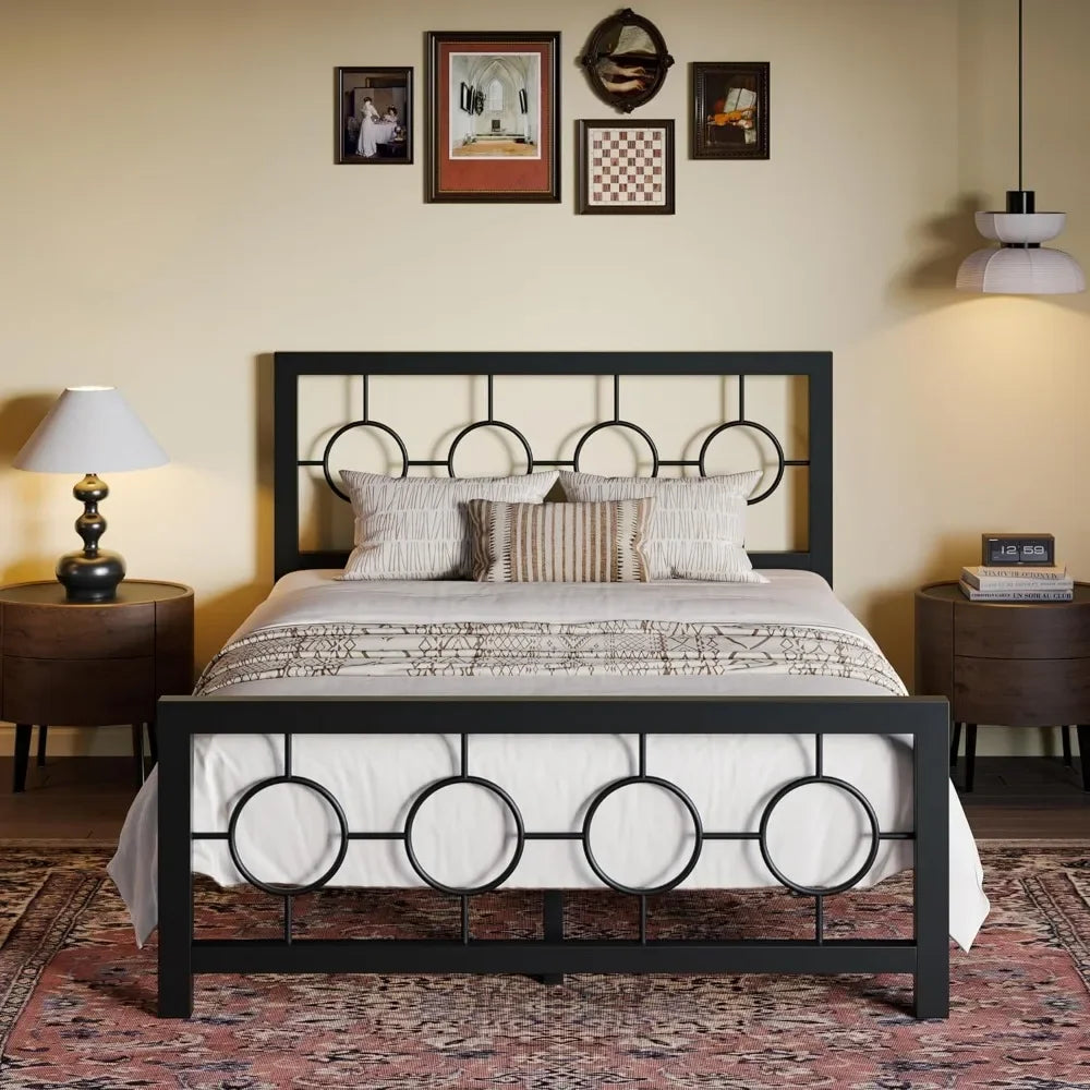 Full Size Bed Frame with Circular Design Headboard and Footboard, No Box Spring Required