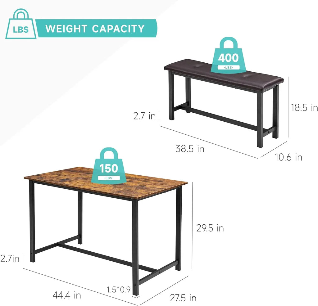 Brown Dining Table Set for 4,  With Upholstered Benches