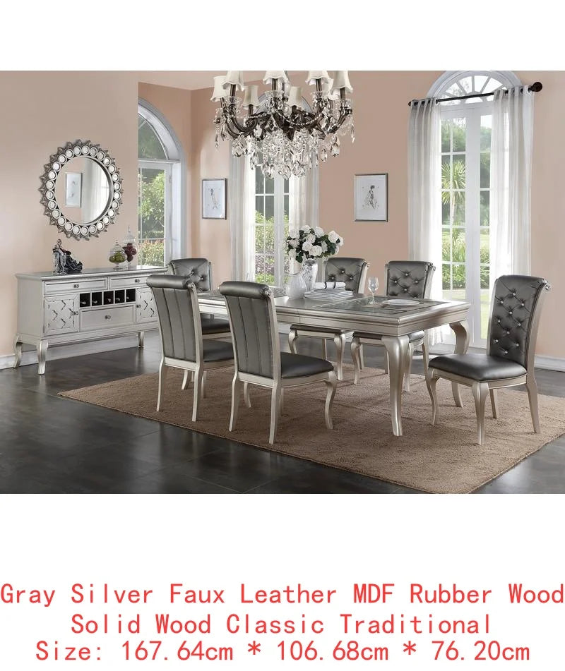 7pc Rect. Glass Dining Table Set w/ Silver Hue